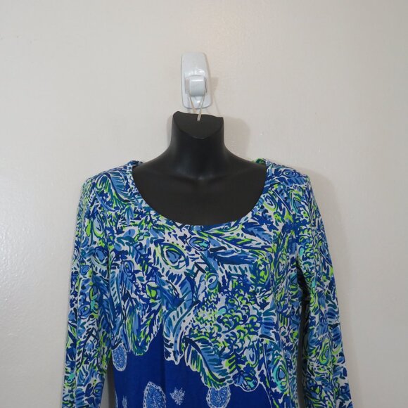 Lilly Pulitzer Size Small Beacon Dress 3/4 Sleeve Shift Dress Blue Split Print - Picture 3 of 5